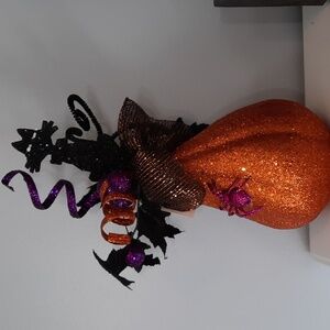 Halloween Arrangement Centerpiece Mantle Orange Purple Black Glitter Cat Pumpkin